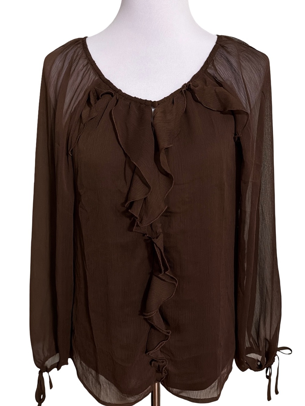Autres Filles Women's Brown Ruffle Front Sheer Blouse